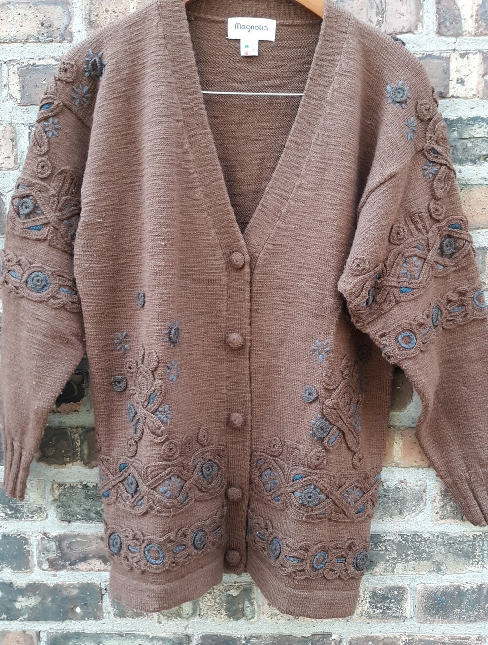 Magnolia Vintage Italian Yarn Virgin Wool Crochet Trim Cardigan Sweater Brown M